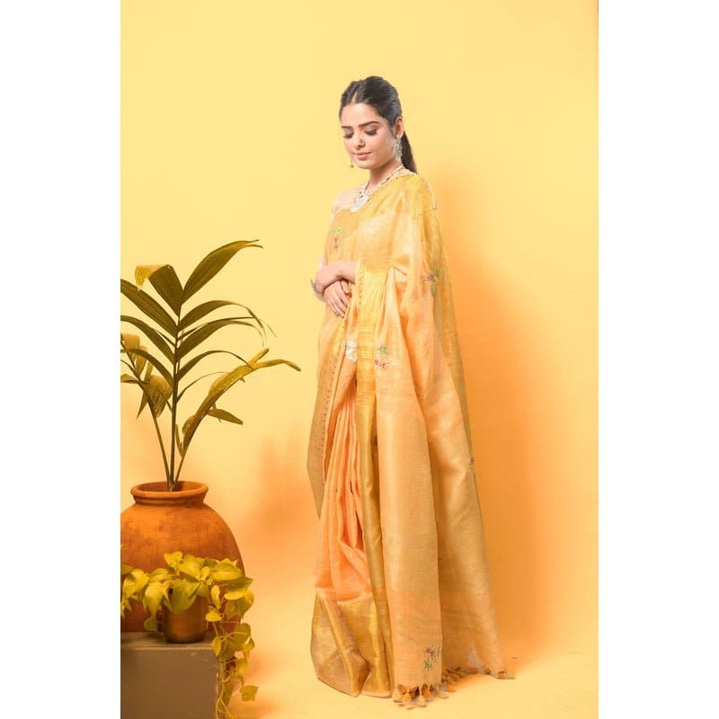 Gold Yellow Floral Embroiderd Linen Saree - Charkha TalesGold Yellow Floral Embroiderd Linen Saree