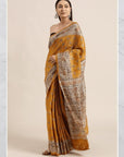 Golden Yellow Madhubani Print Silk Saree - Charkha TalesGolden Yellow Madhubani Print Silk Saree