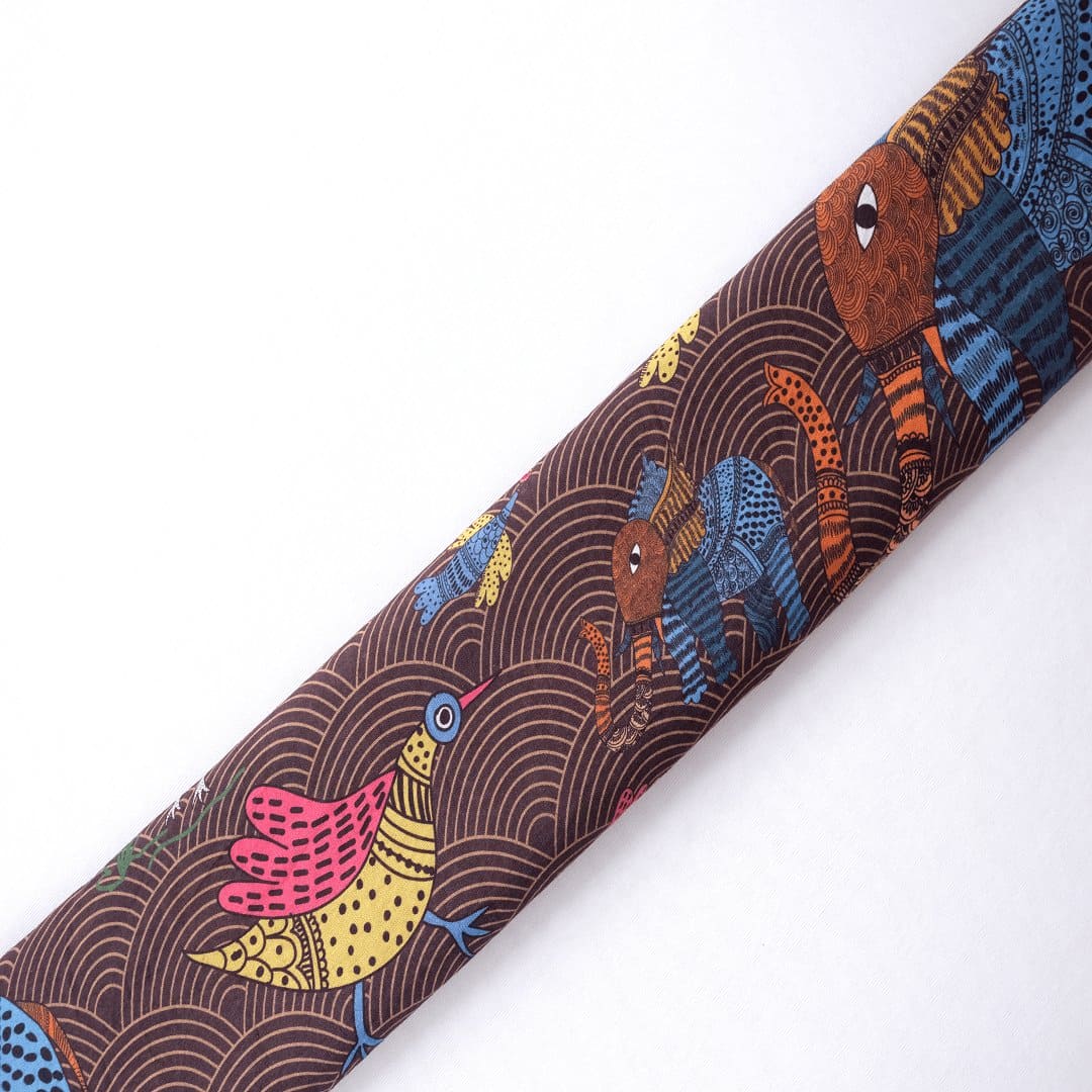 Gond Print Silk Fabric - Black - Charkha TalesGond Print Silk Fabric - Black