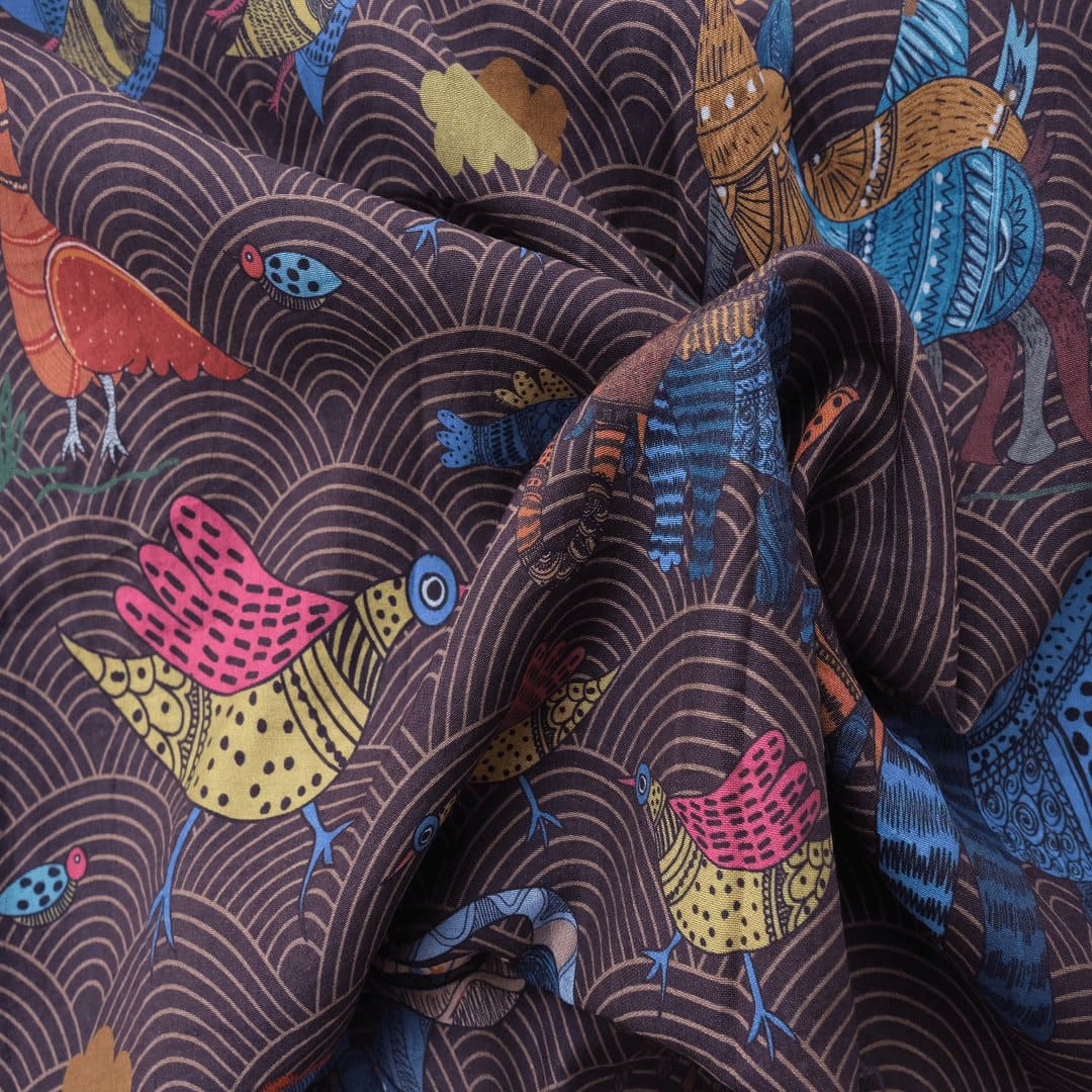 Gond Print Silk Fabric - Black - Charkha TalesGond Print Silk Fabric - Black