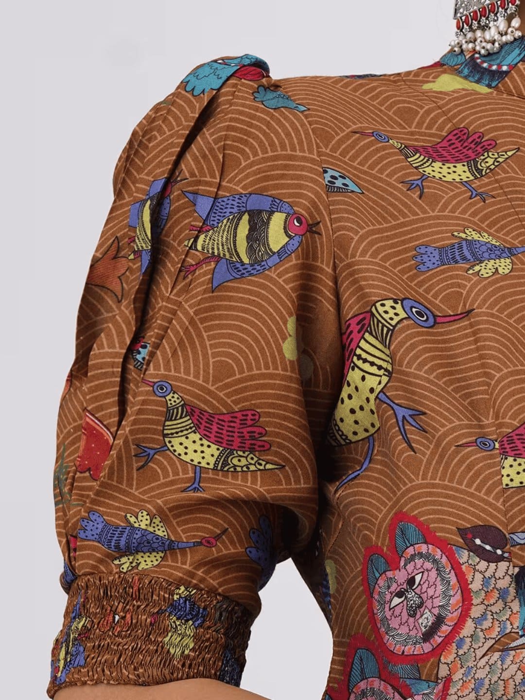 Gondh Print Silk Blouse - Brown - Charkha TalesGondh Print Silk Blouse - Brown