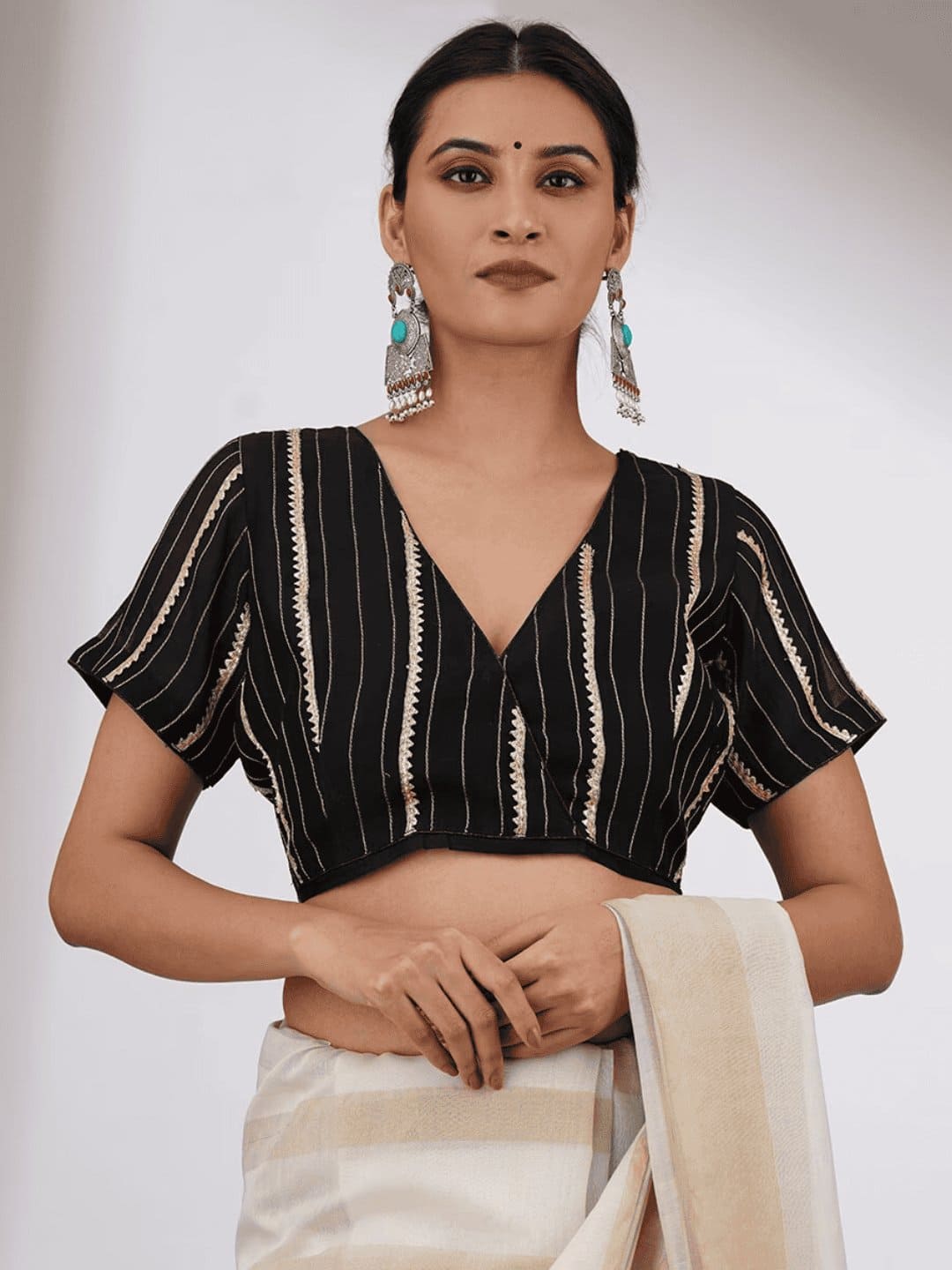 Gota Chanderi Silk Blouse - Black - Charkha TalesGota Chanderi Silk Blouse - Black