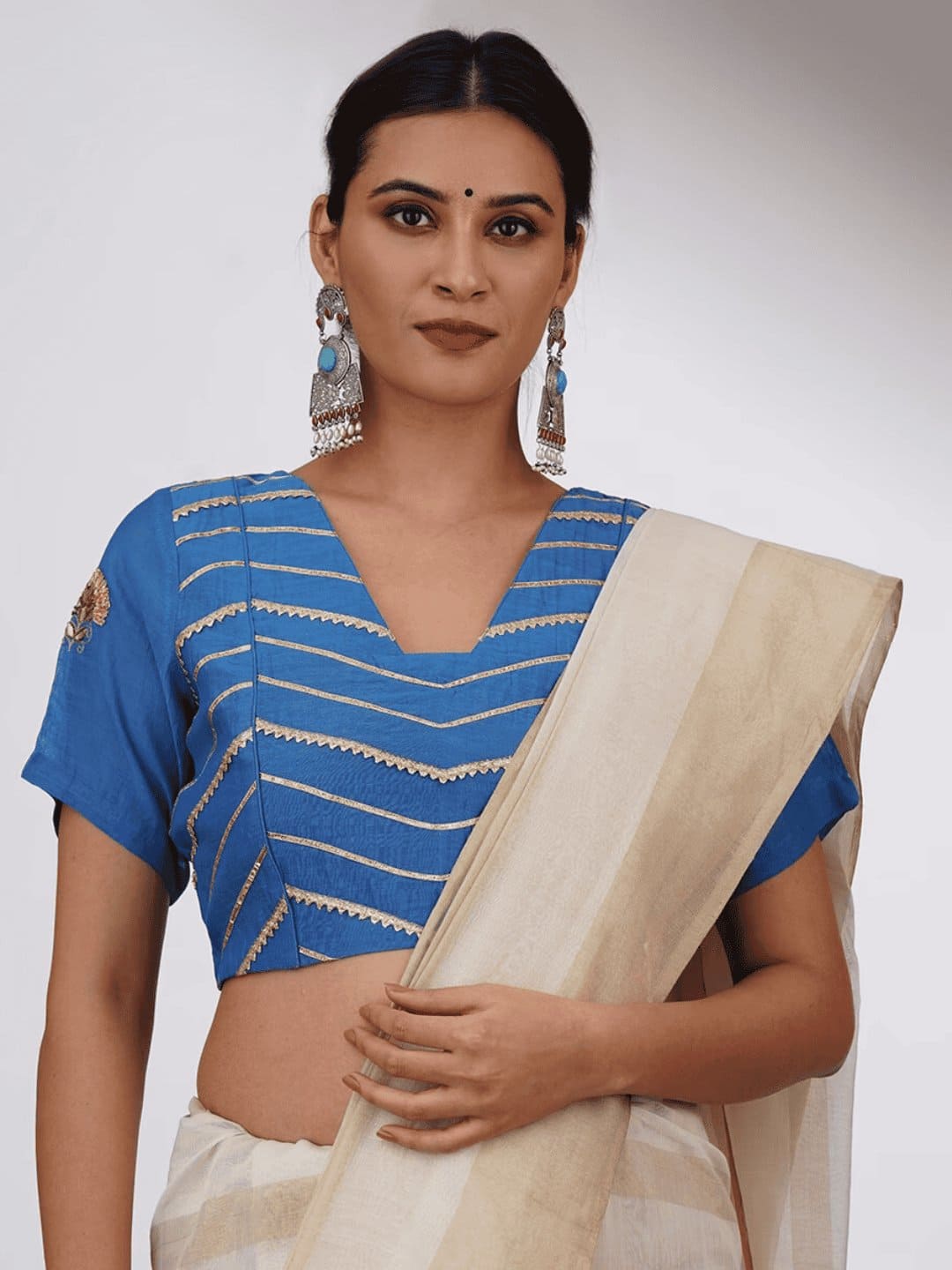 Gota Chanderi Silk Blouse - Blue - Charkha TalesGota Chanderi Silk Blouse - Blue