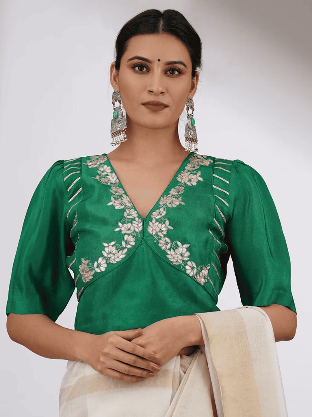 Gota Chanderi Silk Blouse - Green - Charkha TalesGota Chanderi Silk Blouse - Green
