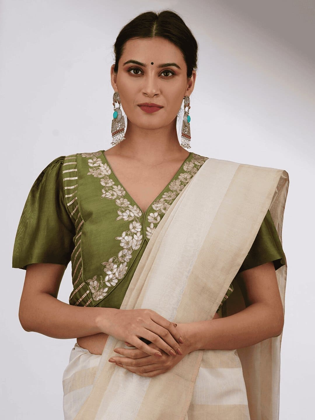 Gota Chanderi Silk Blouse - Olive Green - Charkha TalesGota Chanderi Silk Blouse - Olive Green