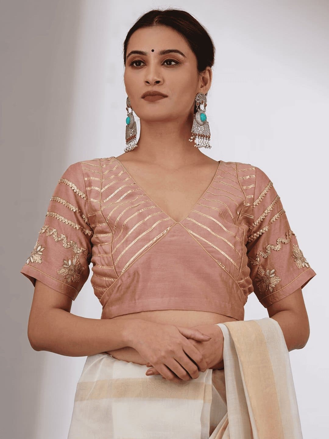 Gota Chanderi Silk Blouse - Peach - Charkha TalesGota Chanderi Silk Blouse - Peach