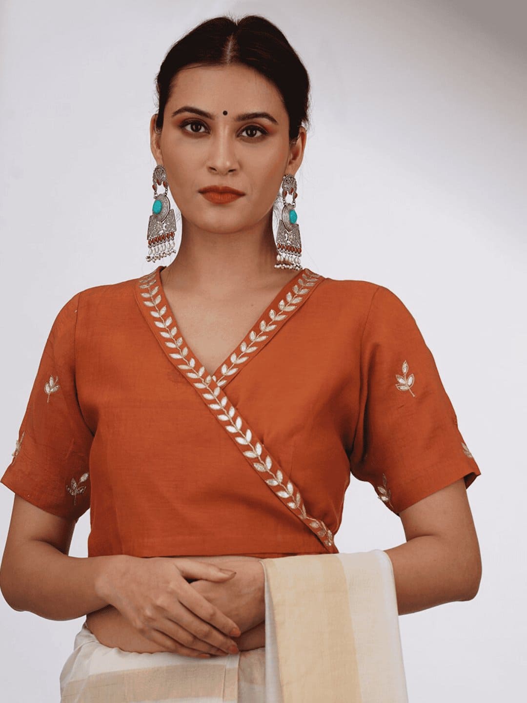 Gota Chanderi Silk Blouse - Rust Orange - Charkha TalesGota Chanderi Silk Blouse - Rust Orange