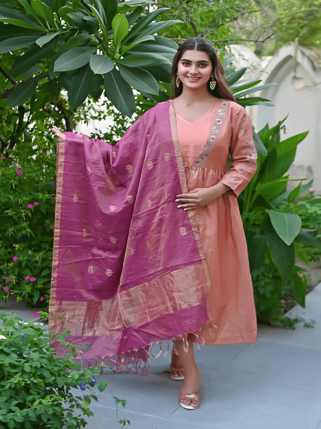 Gota Compliments Jacket With Slip - Peach - Charkha TalesGota Compliments Jacket With Slip - Peach