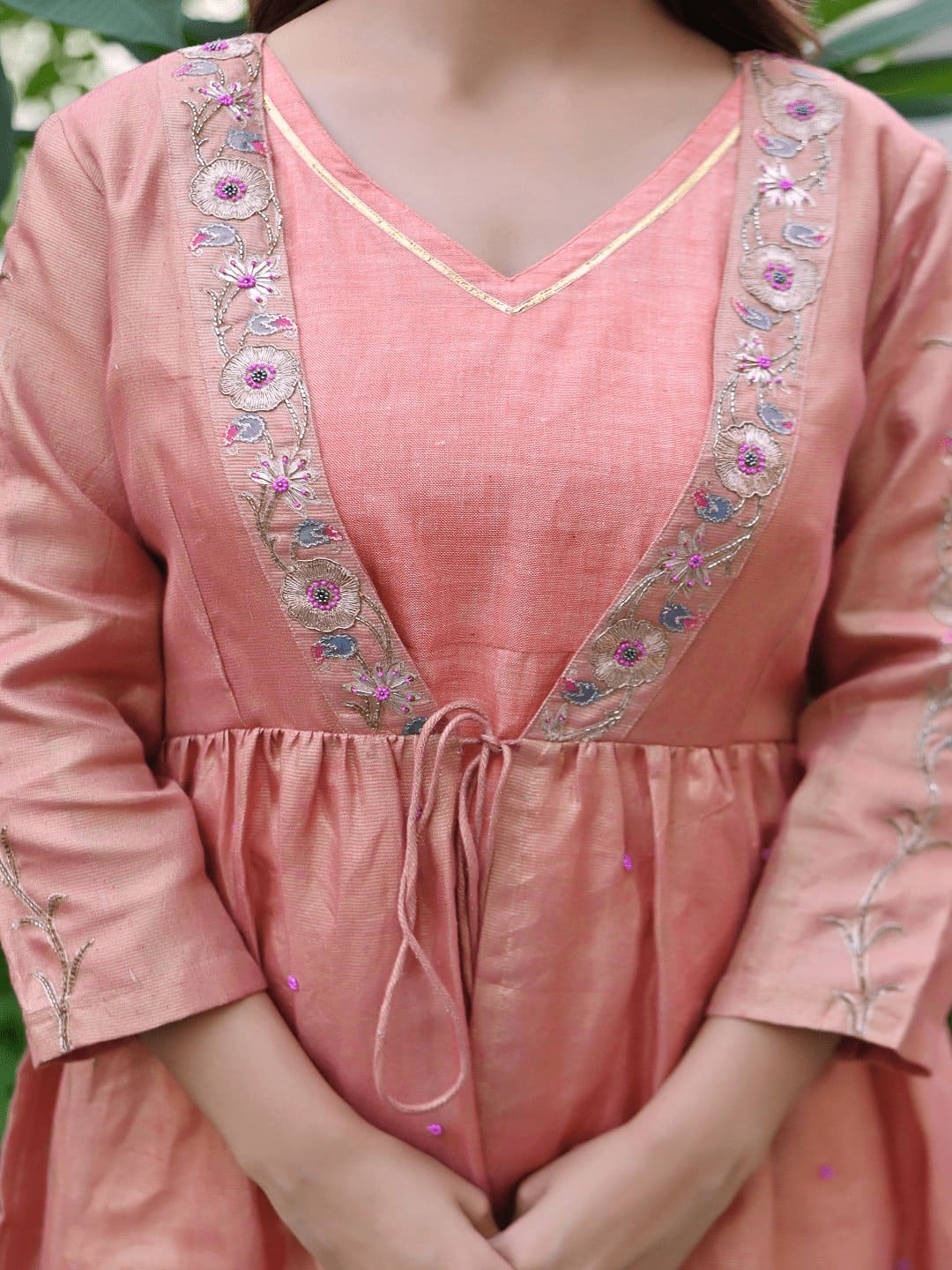 Gota Compliments Jacket With Slip - Peach - Charkha TalesGota Compliments Jacket With Slip - Peach