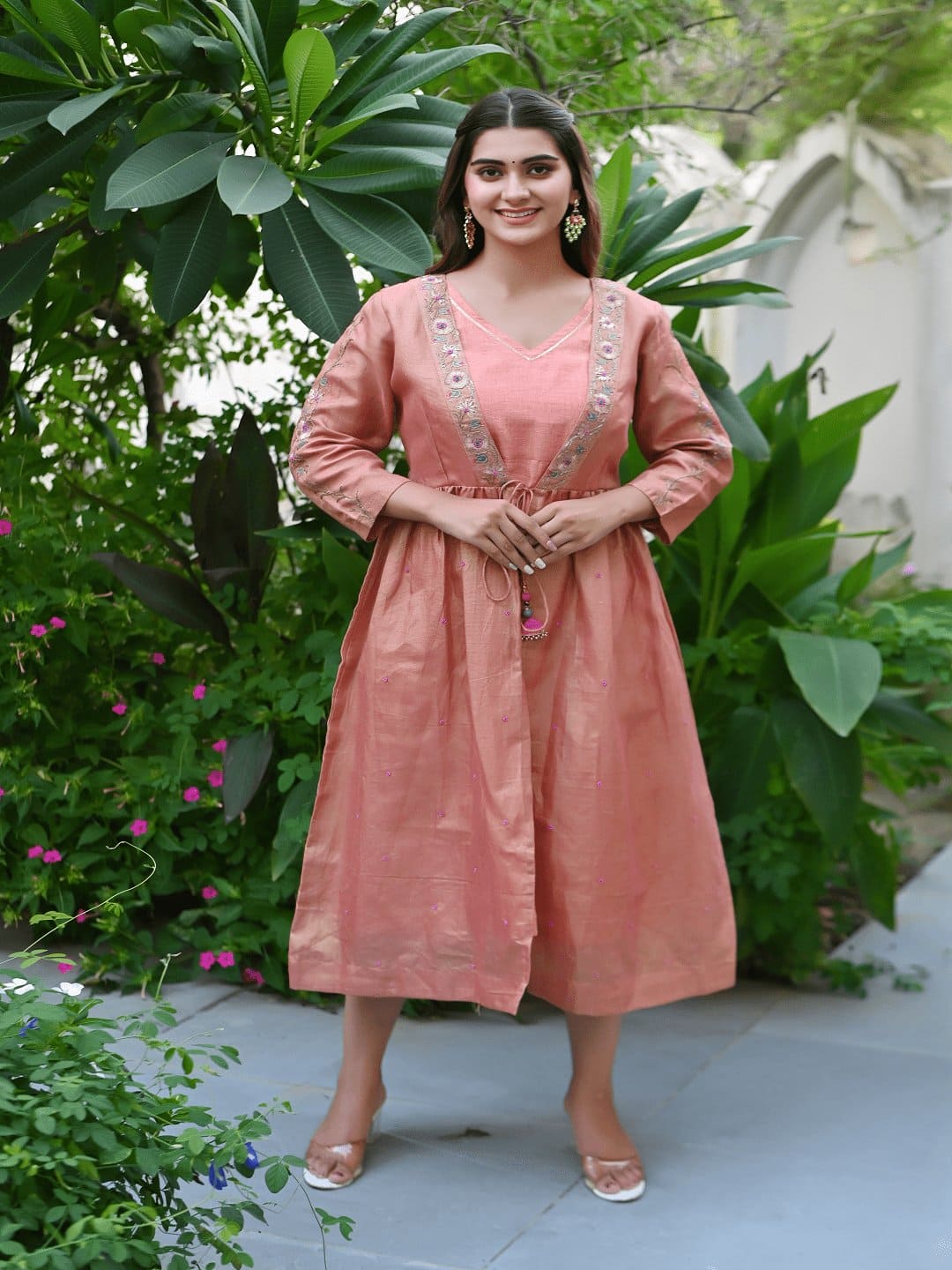 Gota Compliments Jacket With Slip - Peach - Charkha TalesGota Compliments Jacket With Slip - Peach