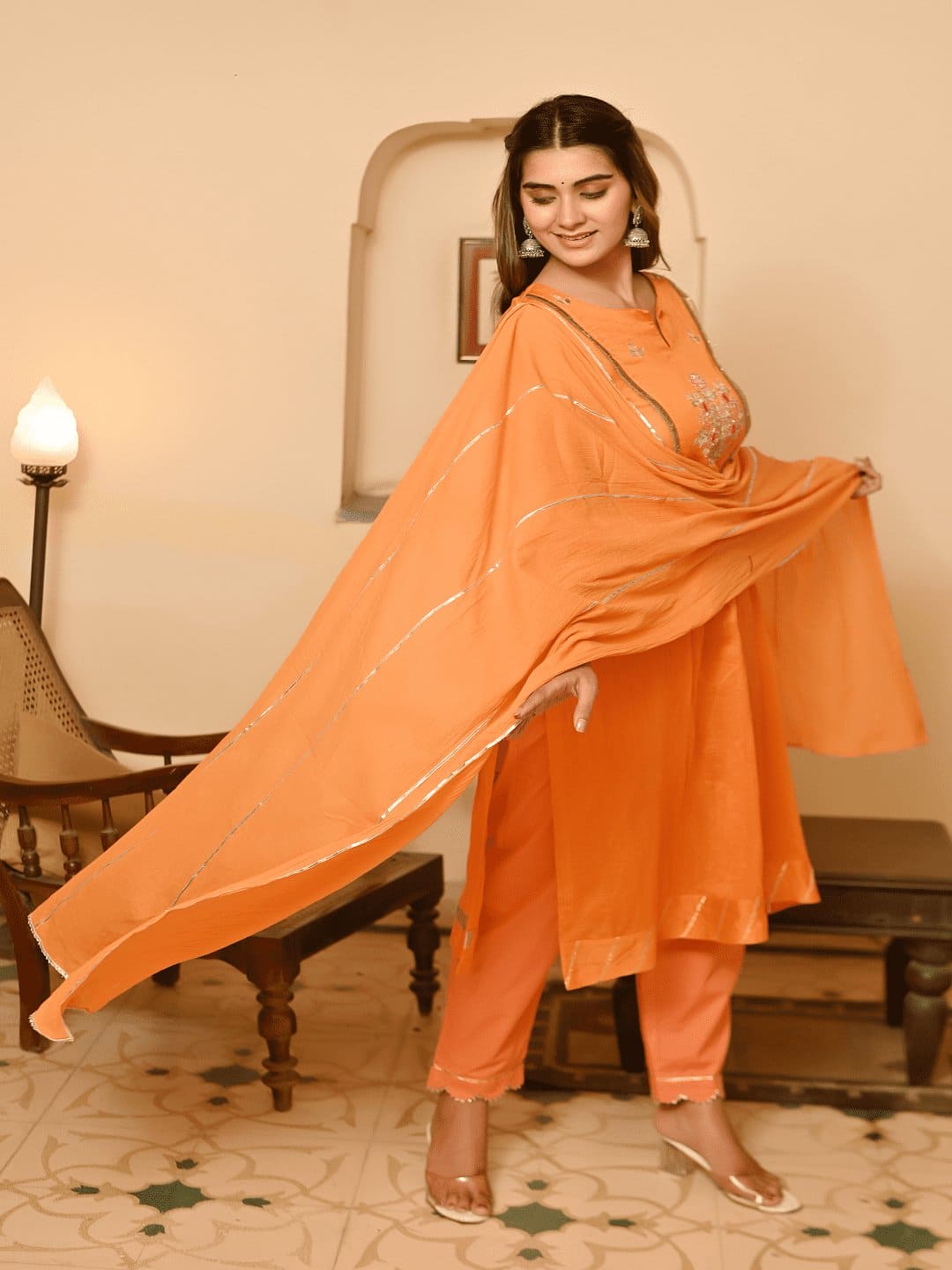 Gota Patti Work Kurta Set - Orange - Charkha TalesGota Patti Work Kurta Set - Orange