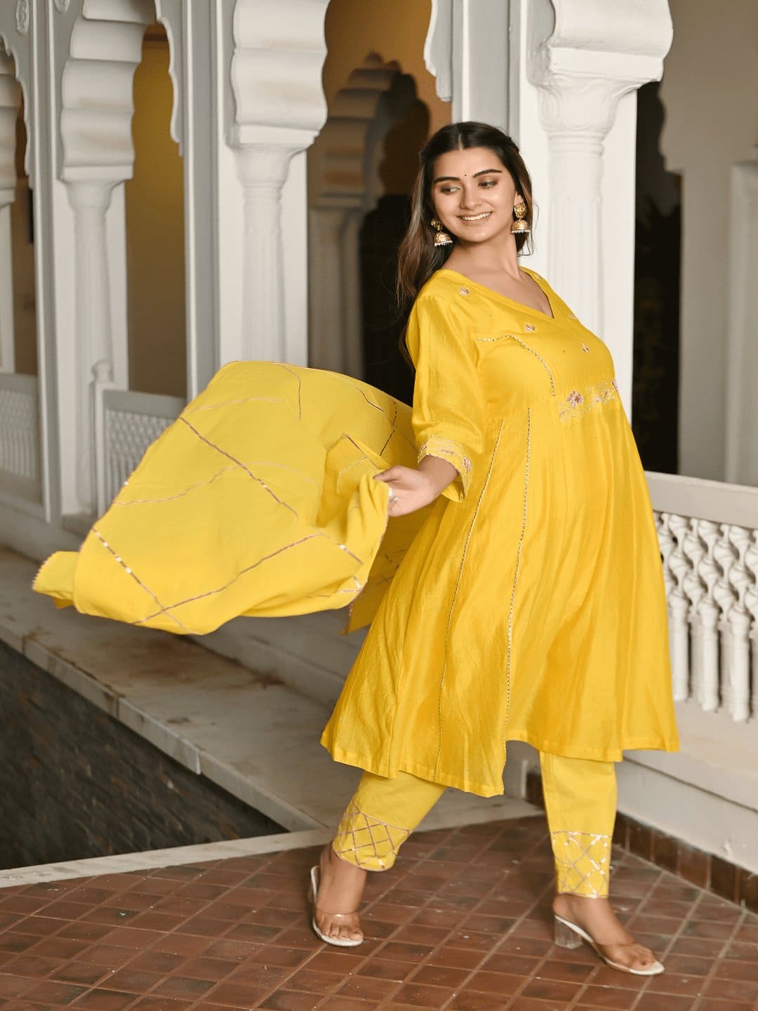Gotta Chanderi Women Kurta Set - Yellow - Charkha TalesGotta Chanderi Women Kurta Set - Yellow