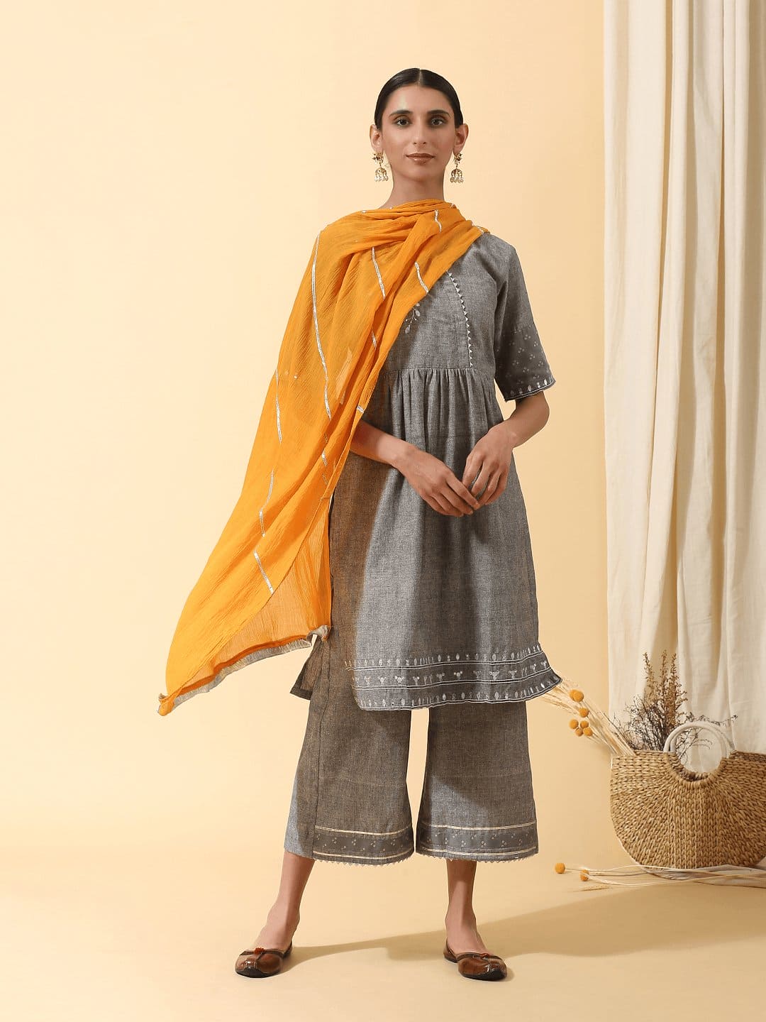Gotta Kurta - Sharara Set - Grey - Charkha TalesGotta Kurta - Sharara Set - Grey