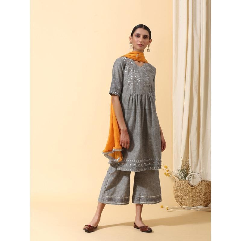 Gotta Kurta - Sharara Set - Grey - Charkha TalesGotta Kurta - Sharara Set - Grey