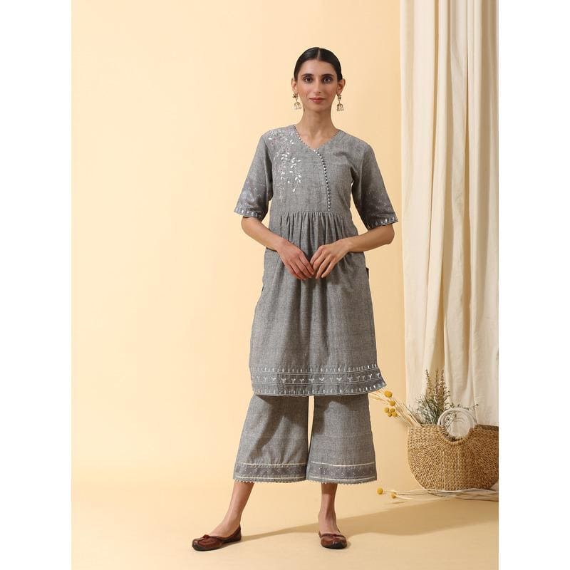 Gotta Kurta - Sharara Set - Grey - Charkha TalesGotta Kurta - Sharara Set - Grey