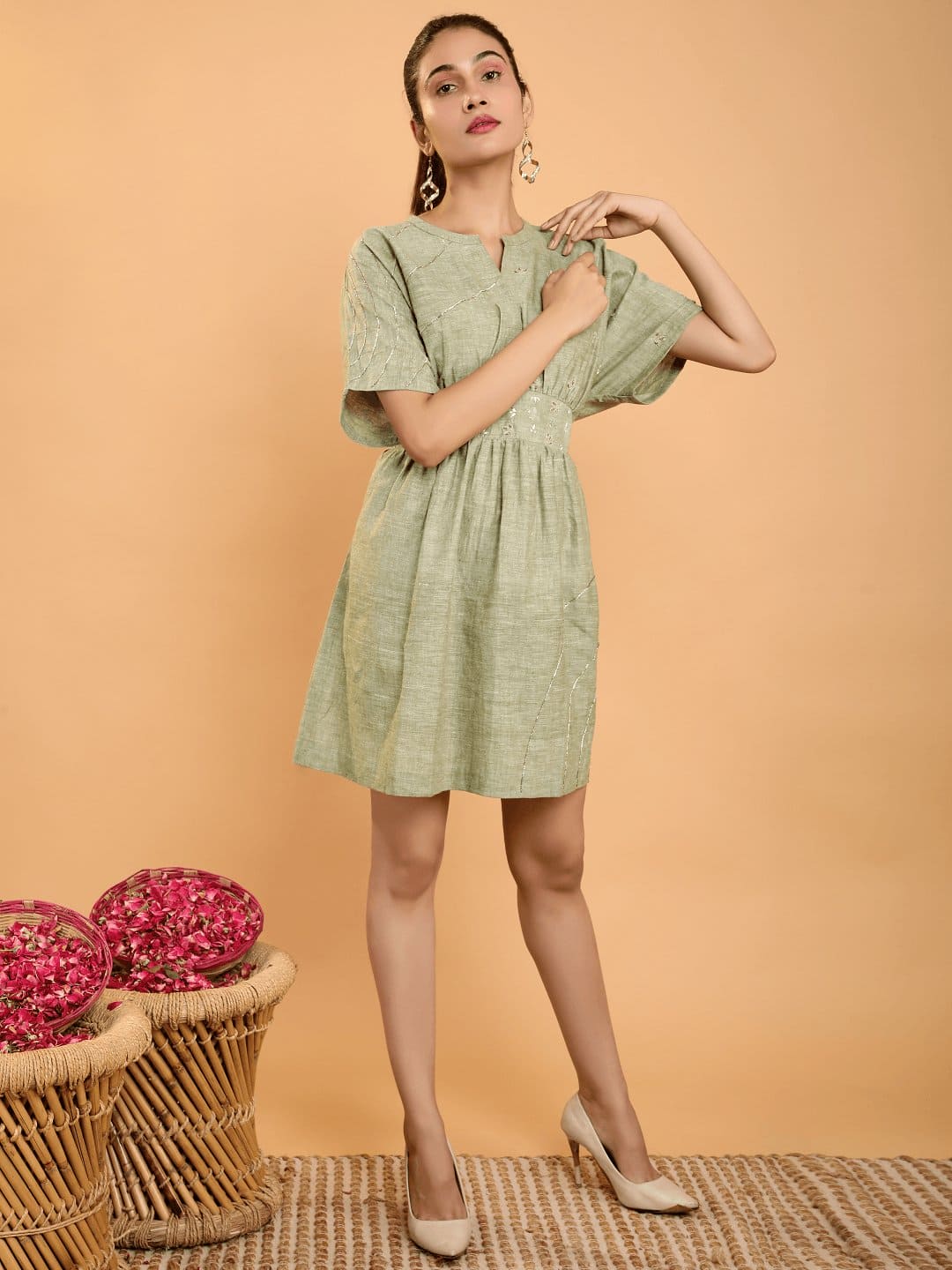 Gotta Work Khadi Dress - Olive Green - Charkha TalesGotta Work Khadi Dress - Olive Green