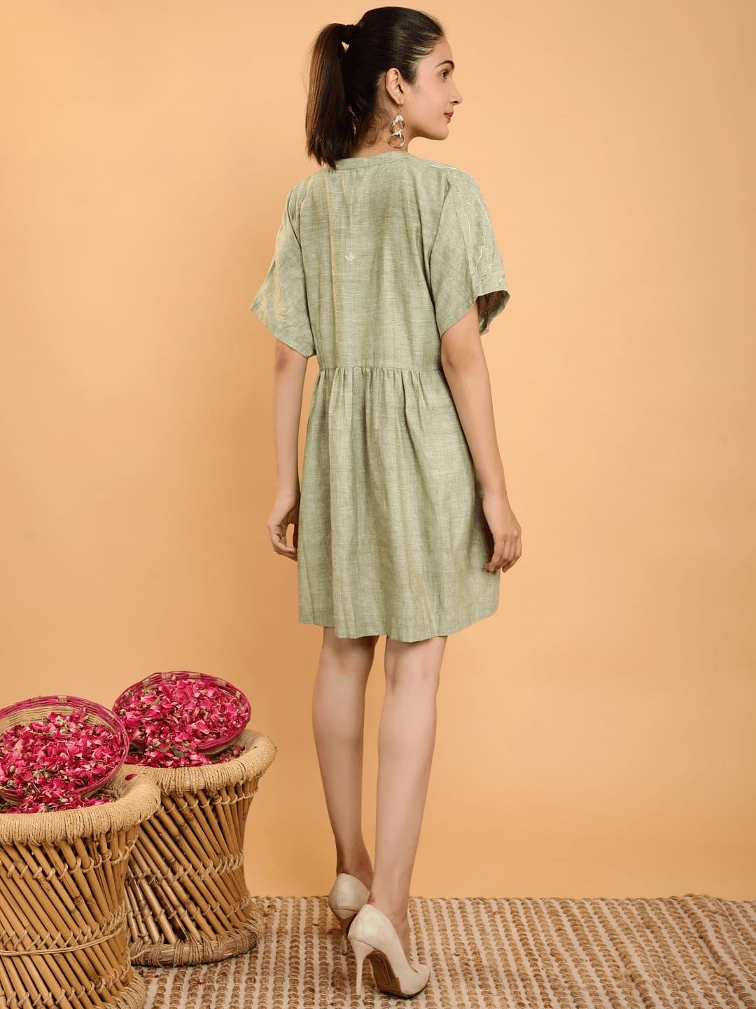 Gotta Work Khadi Dress - Olive Green - Charkha TalesGotta Work Khadi Dress - Olive Green