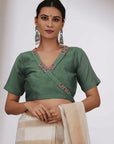 Green Bead Work Chanderi Silk Blouse - Charkha TalesGreen Bead Work Chanderi Silk Blouse