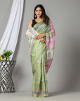 Green Block Print Tussar silk saree - Charkha TalesGreen Block Print Tussar silk saree