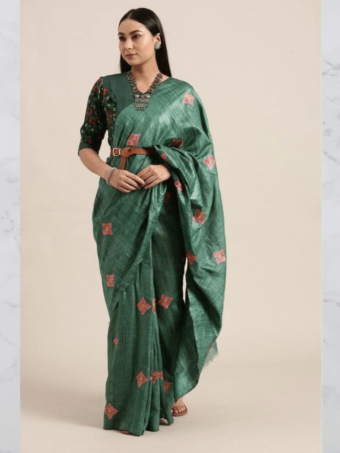 Green Embroidered Butta Silk Saree - Charkha TalesGreen Embroidered Butta Silk Saree