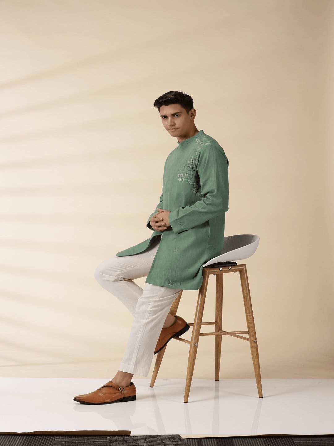 Green Long Jacket Style Men Kurta - Charkha TalesGreen Long Jacket Style Men Kurta