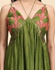 Green Patch Work With Zardozi Pure Silk Dress - Charkha TalesGreen Patch Work With Zardozi Pure Silk Dress
