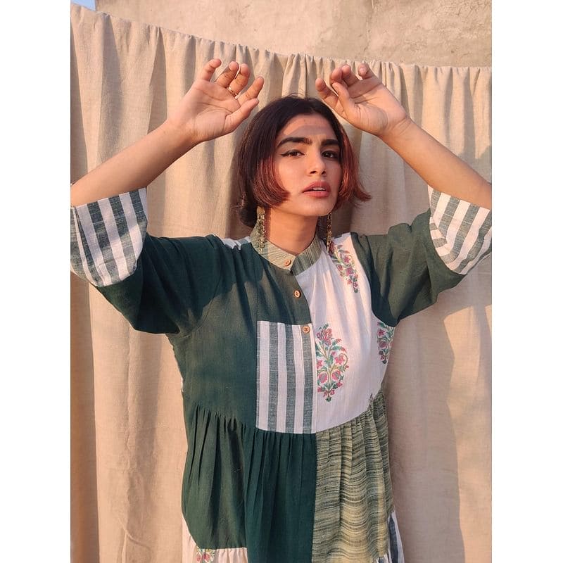 Green Patched Upcycled Khadi Dress - Charkha TalesGreen Patched Upcycled Khadi Dress
