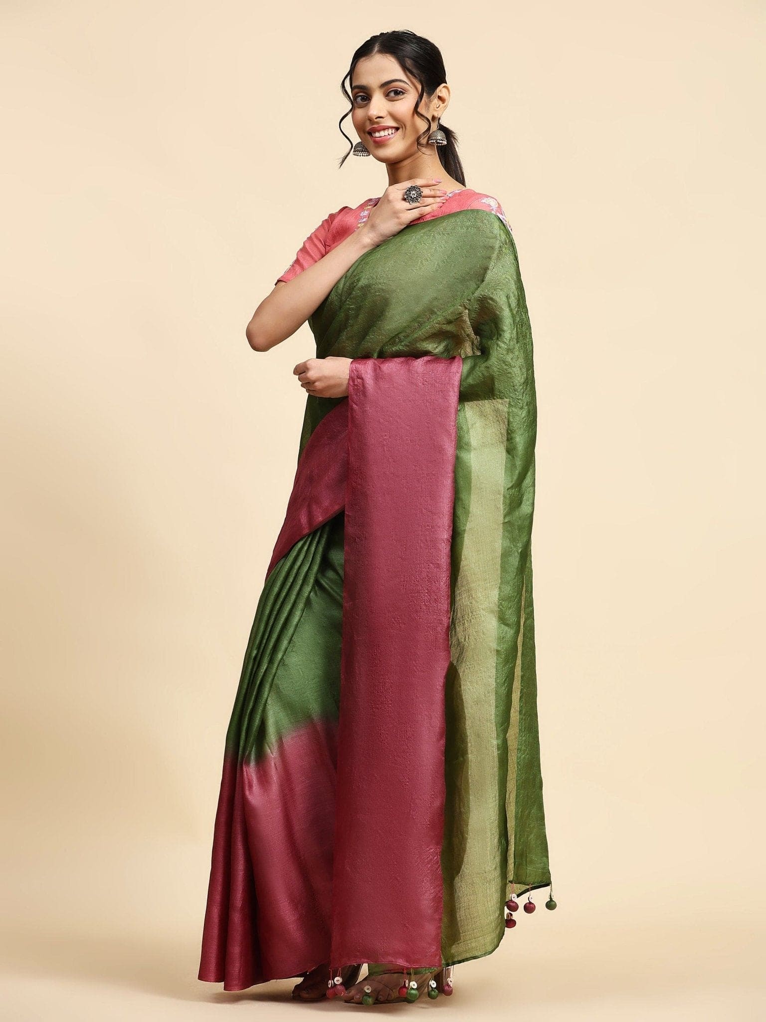 Green &amp; Pink Tussar Silk Sarees - Charkha TalesGreen &amp; Pink Tussar Silk Sarees