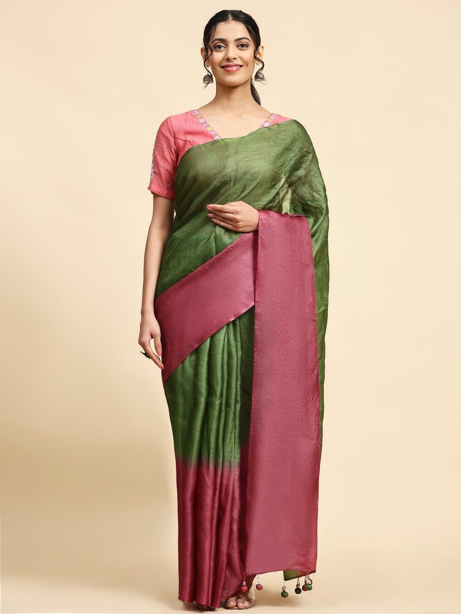 Green &amp; Pink Tussar Silk Sarees - Charkha TalesGreen &amp; Pink Tussar Silk Sarees