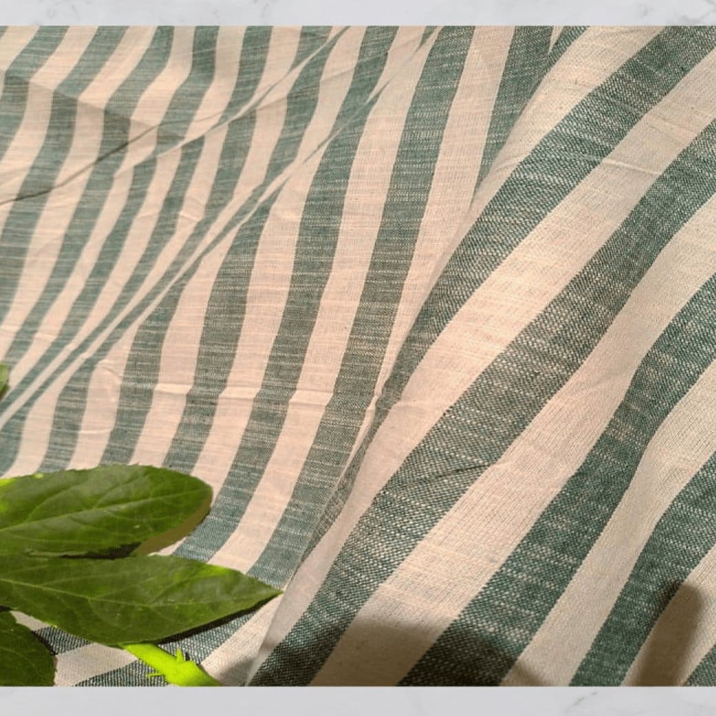 Green Striped Khadi Cotton Fabric - Charkha TalesGreen Striped Khadi Cotton Fabric