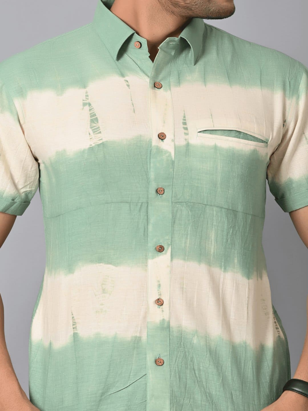 Green Tie Dye Men Half Sleeve Shirt - Charkha TalesGreen Tie Dye Men Half Sleeve Shirt