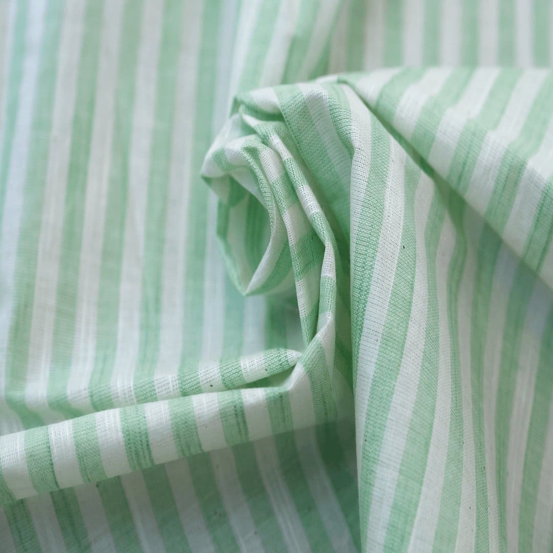 Green & White Striped Linen Fabric - Charkha TalesGreen & White Striped Linen Fabric