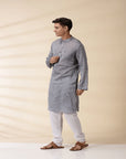 Grey Chanderi Men's Achkan Jacket & Kurta Set - Charkha TalesGrey Chanderi Men's Achkan Jacket & Kurta Set