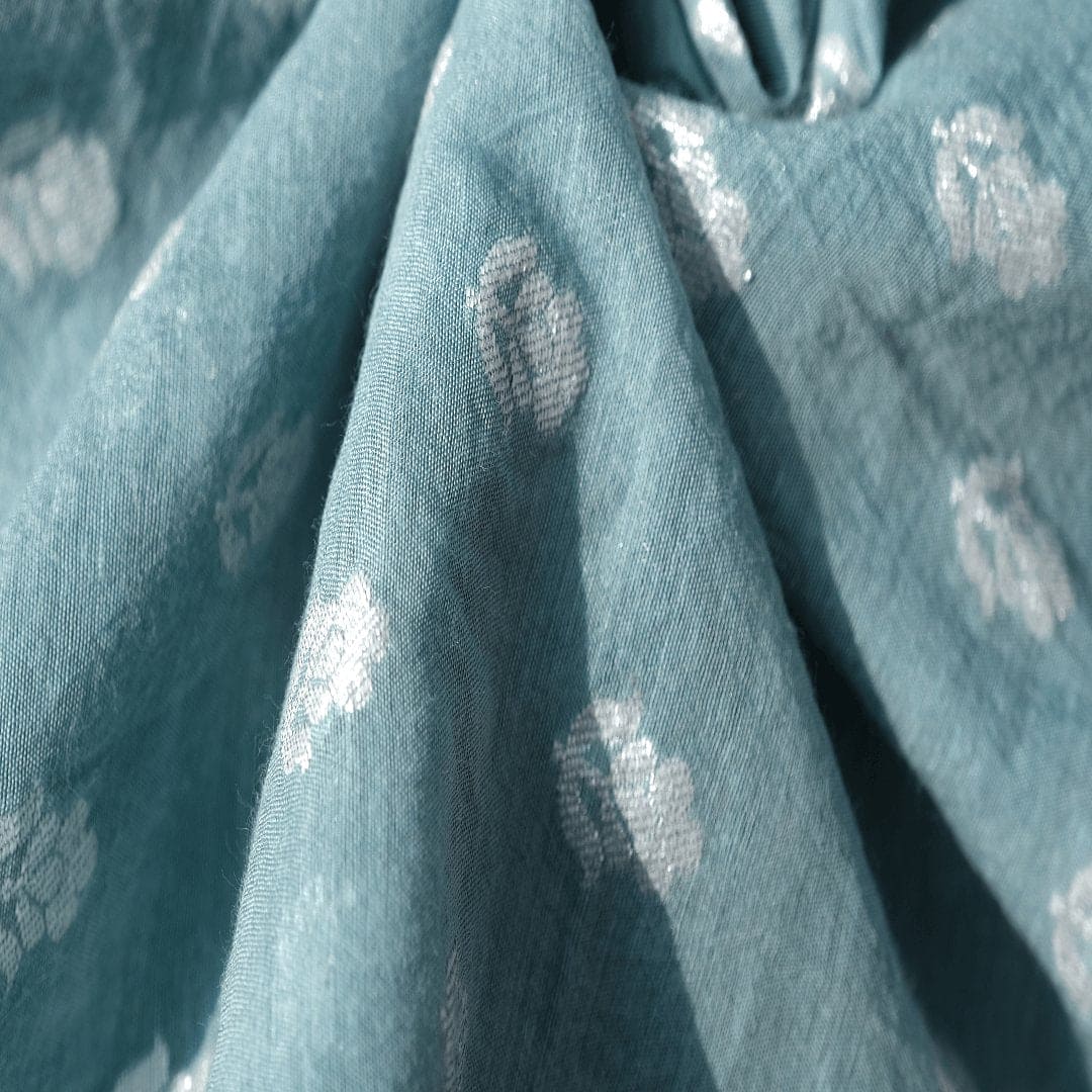 Grey Floral Silk Chanderi Fabric - Charkha TalesGrey Floral Silk Chanderi Fabric