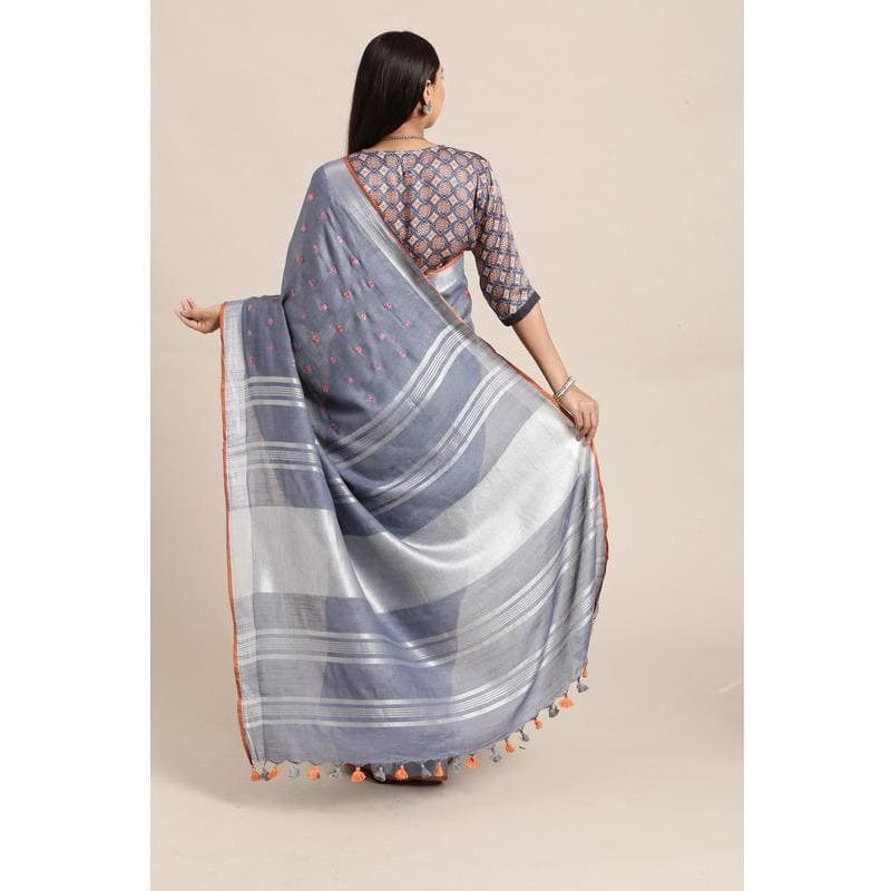 Grey Linen Floral Embroidered Saree - Charkha TalesGrey Linen Floral Embroidered Saree
