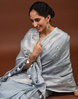 Grey Mirror Linen Saree - Charkha TalesGrey Mirror Linen Saree