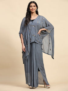 Sequin Work Cape Set - Grey