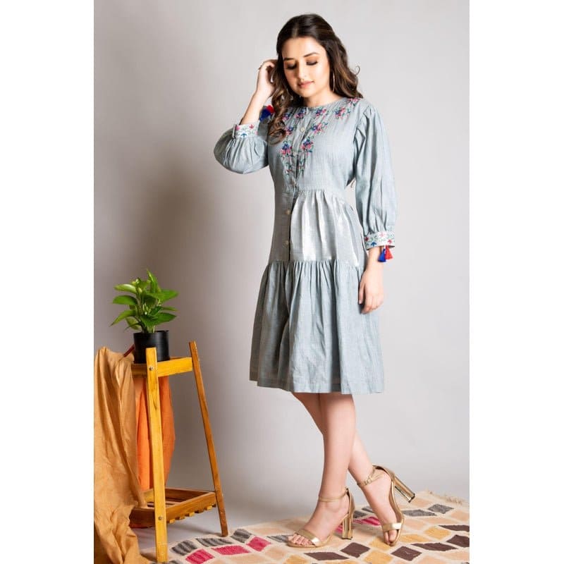 Grey " Vintage'' Linen Dress - Charkha TalesGrey " Vintage'' Linen Dress