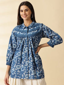 Hand block Printed Cotton Top - Indigo