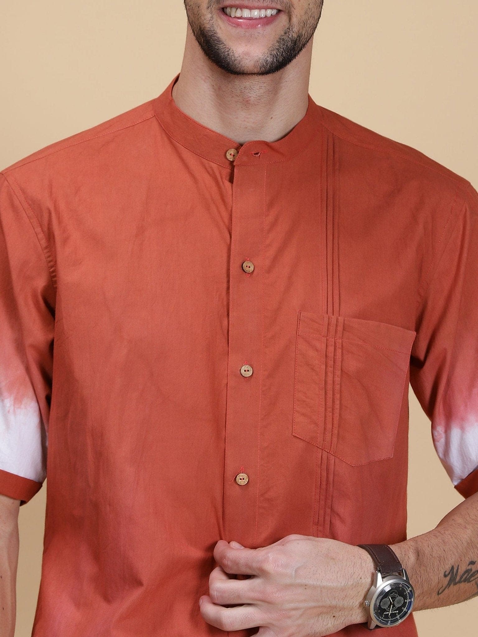 Hand Crafted Dyed Men Shirt - Rust - Charkha TalesHand Crafted Dyed Men Shirt - Rust