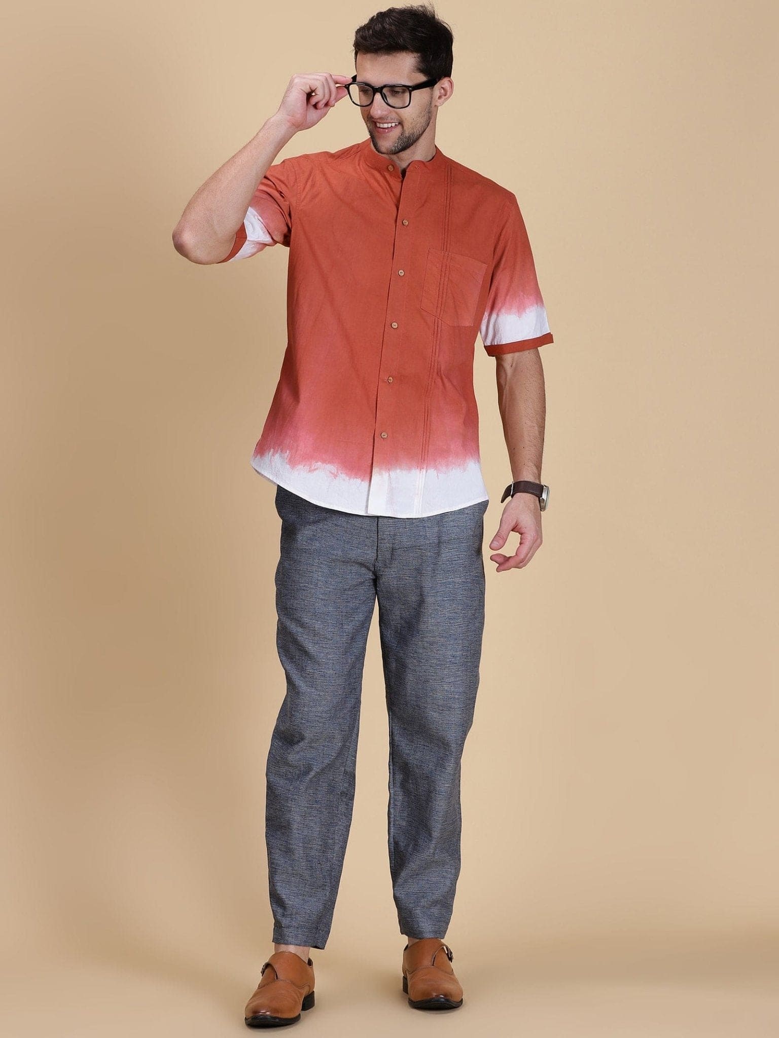 Hand Crafted Dyed Men Shirt - Rust - Charkha TalesHand Crafted Dyed Men Shirt - Rust