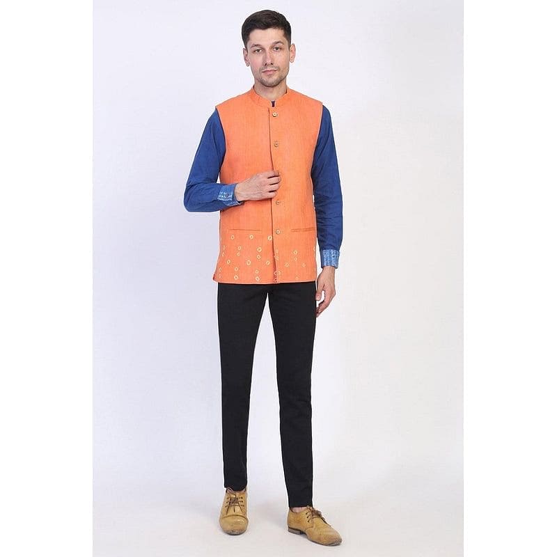 Hand Dyed Bandhani Sadri - Orange - Charkha TalesHand Dyed Bandhani Sadri - Orange