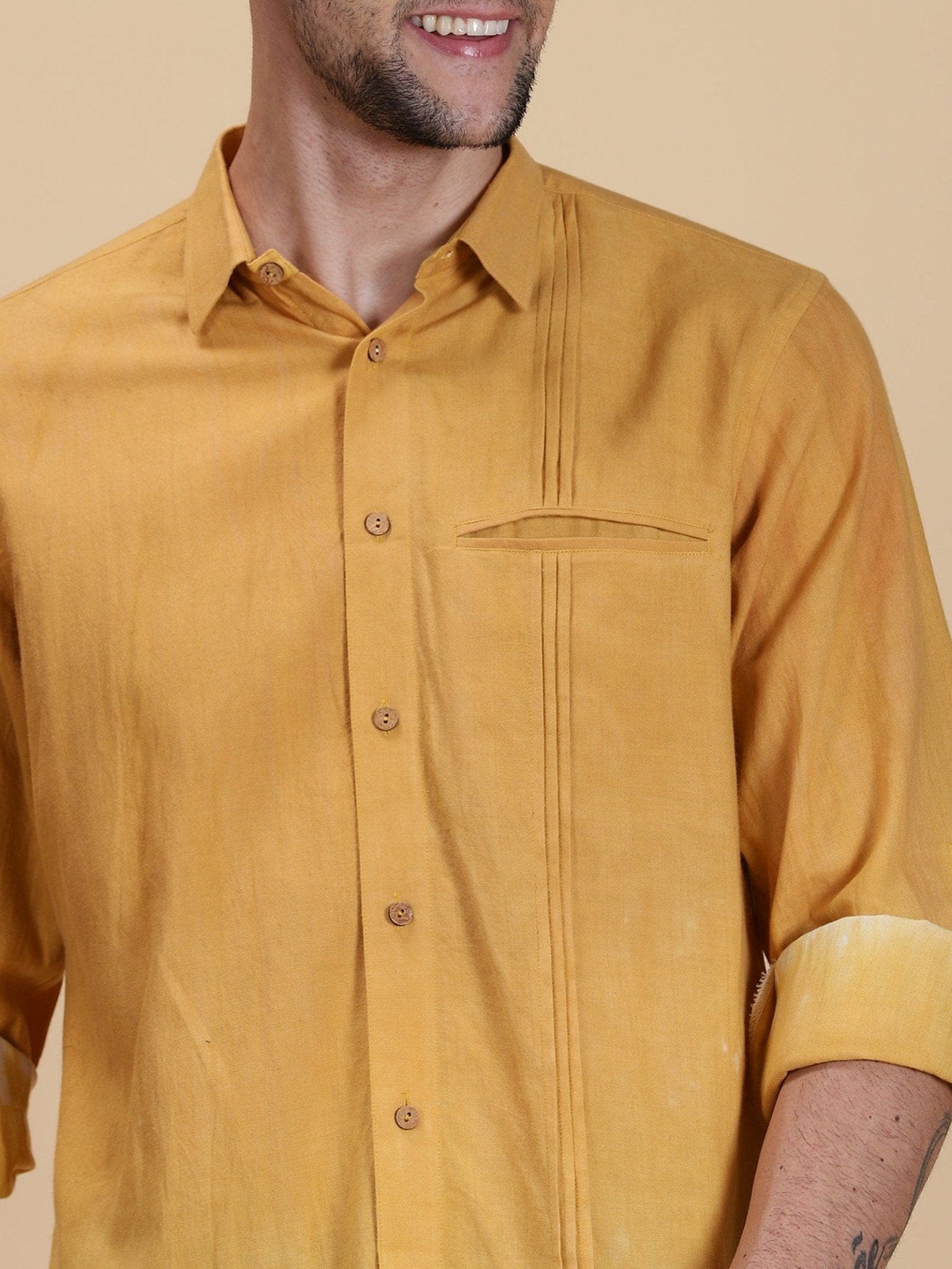 Hand Dyed Casual Shirt - Yellow - Charkha TalesHand Dyed Casual Shirt - Yellow