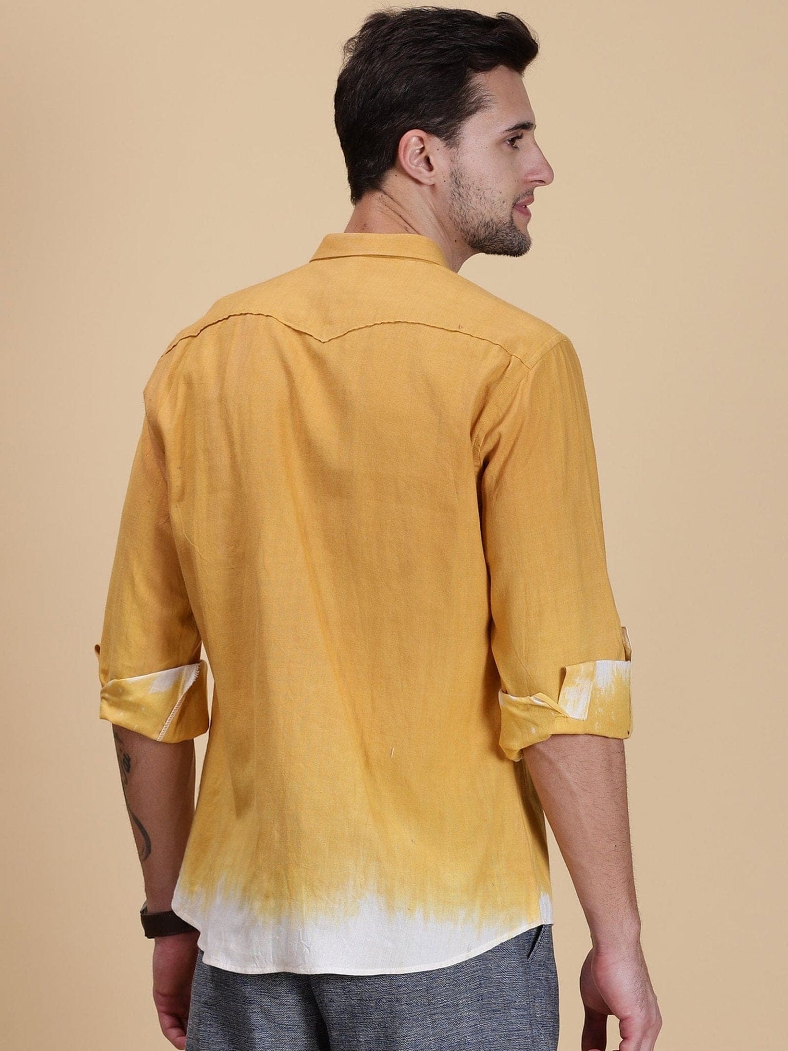 Hand Dyed Casual Shirt - Yellow - Charkha TalesHand Dyed Casual Shirt - Yellow