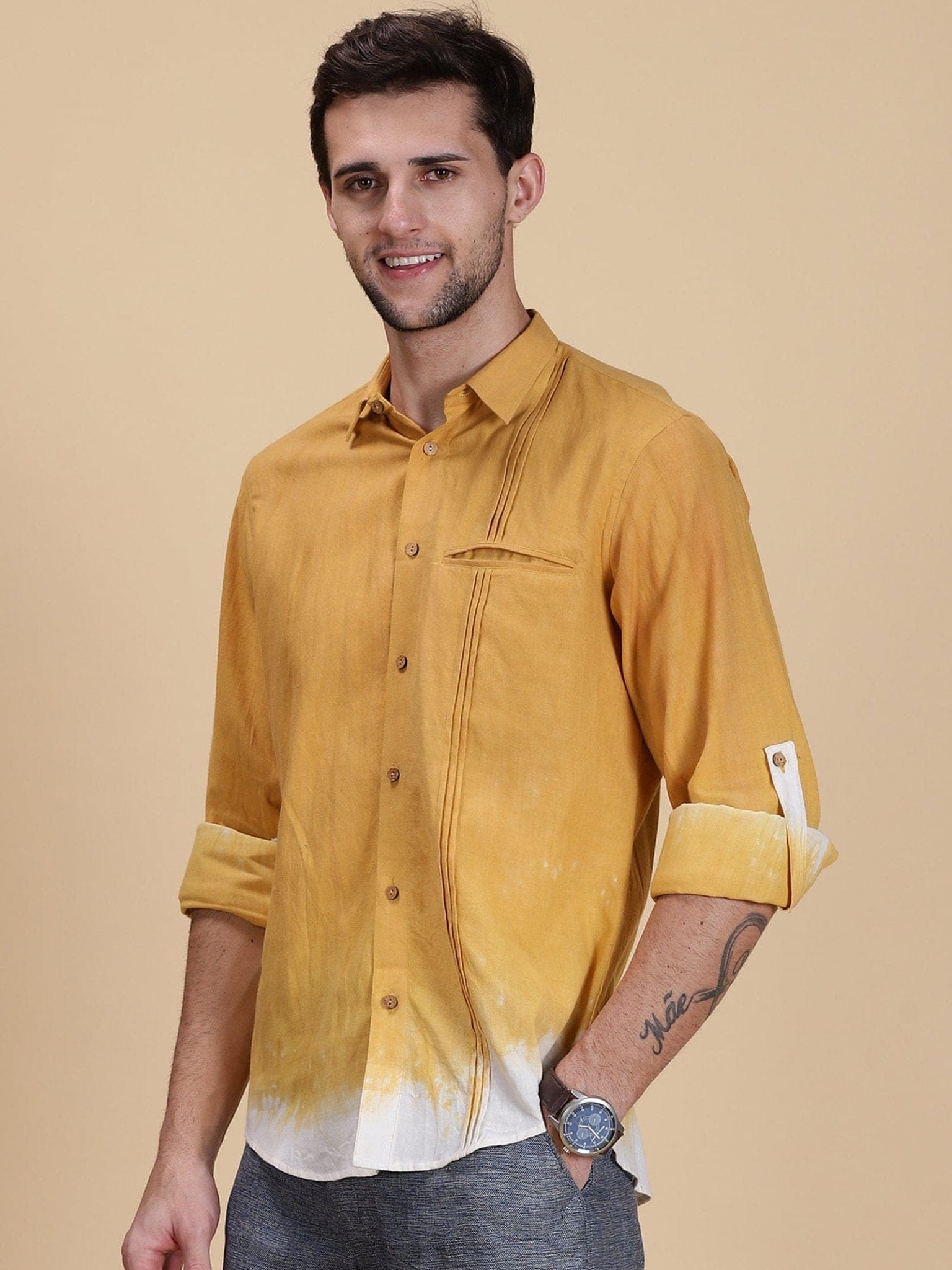 Hand Dyed Casual Shirt - Yellow - Charkha TalesHand Dyed Casual Shirt - Yellow
