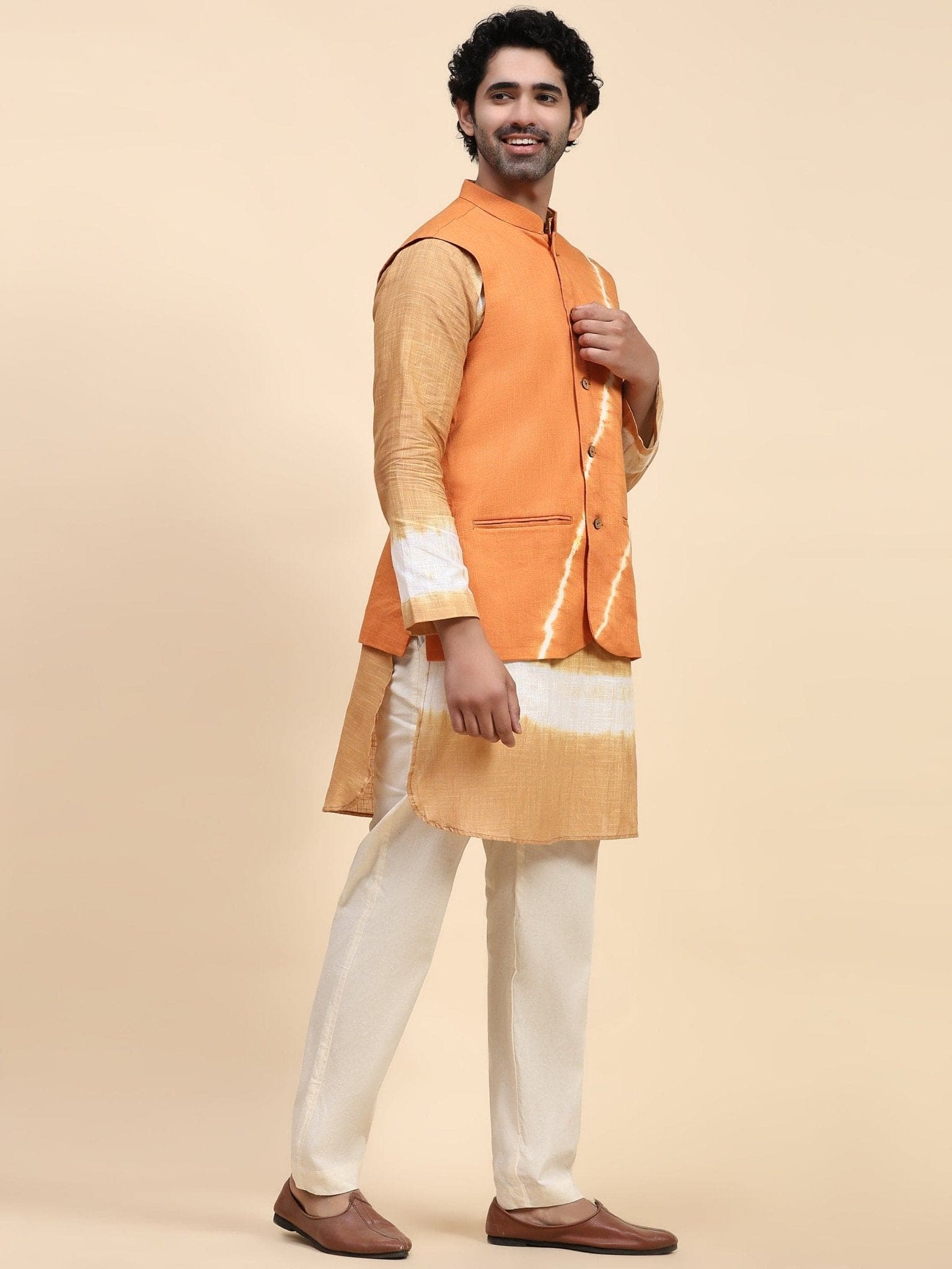 Hand Dyed Cotton Kurta Set - Beige - Charkha TalesHand Dyed Cotton Kurta Set - Beige