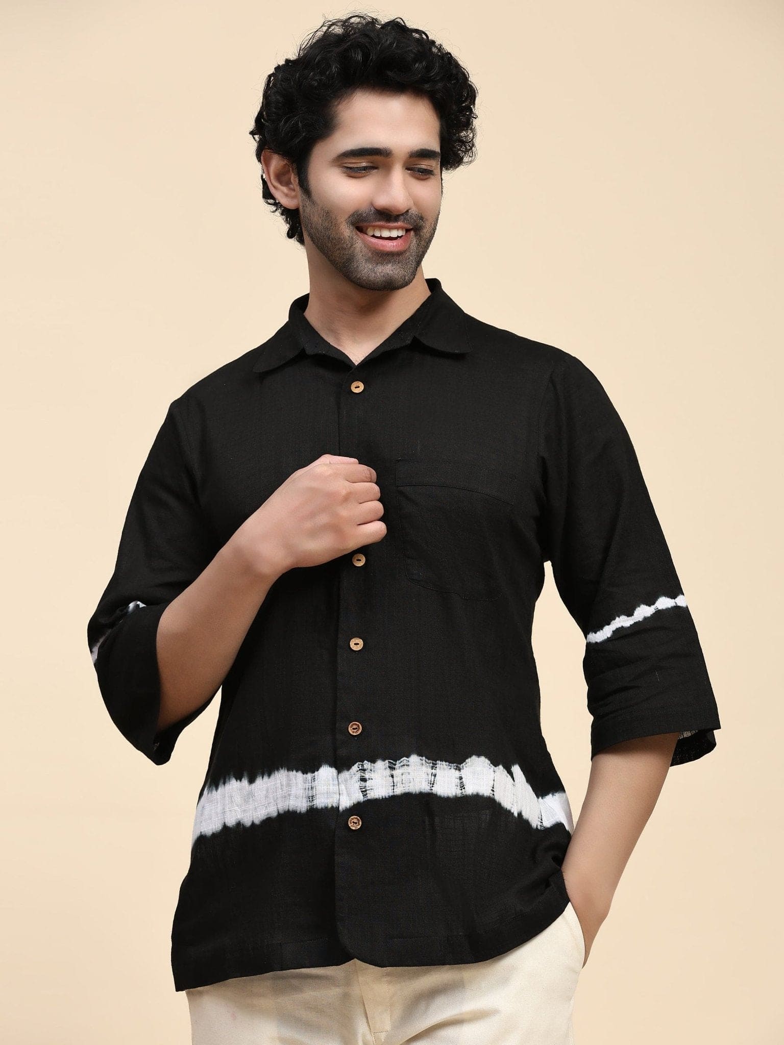 Hand Dyed Cotton Men Shirt - Black - Charkha TalesHand Dyed Cotton Men Shirt - Black