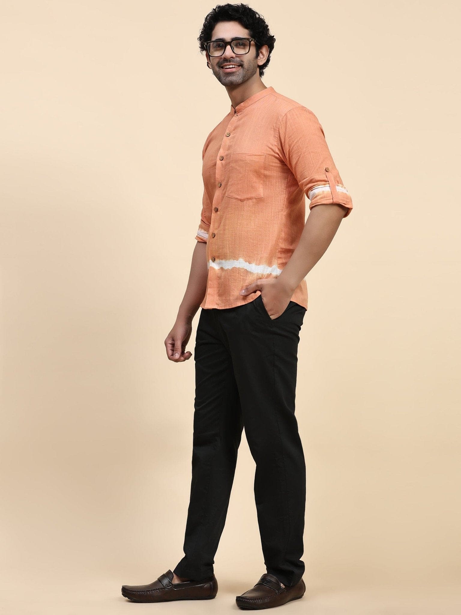 Hand Dyed Cotton Men Shirt - Orange - Charkha TalesHand Dyed Cotton Men Shirt - Orange
