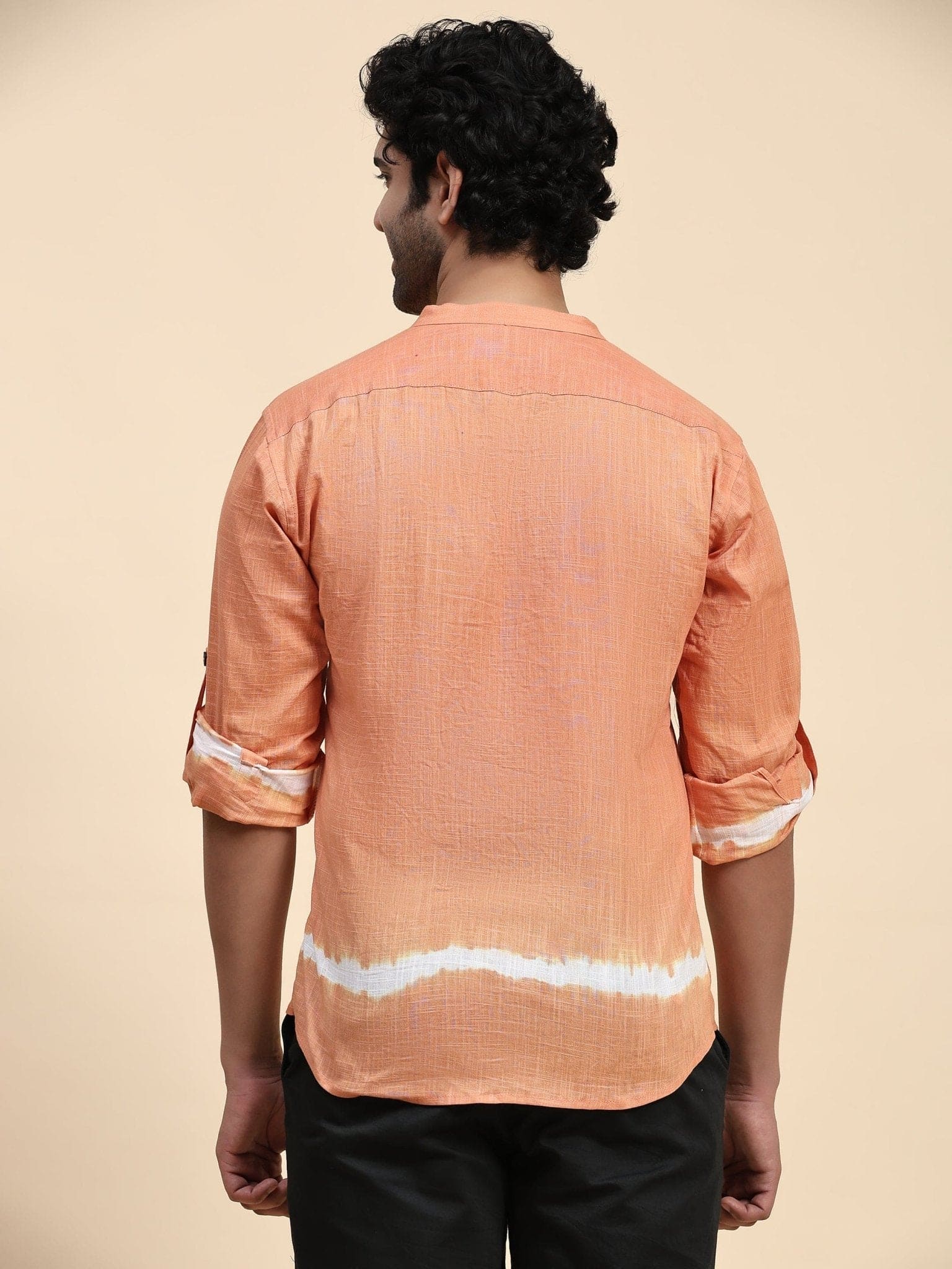 Hand Dyed Cotton Men Shirt - Orange - Charkha TalesHand Dyed Cotton Men Shirt - Orange