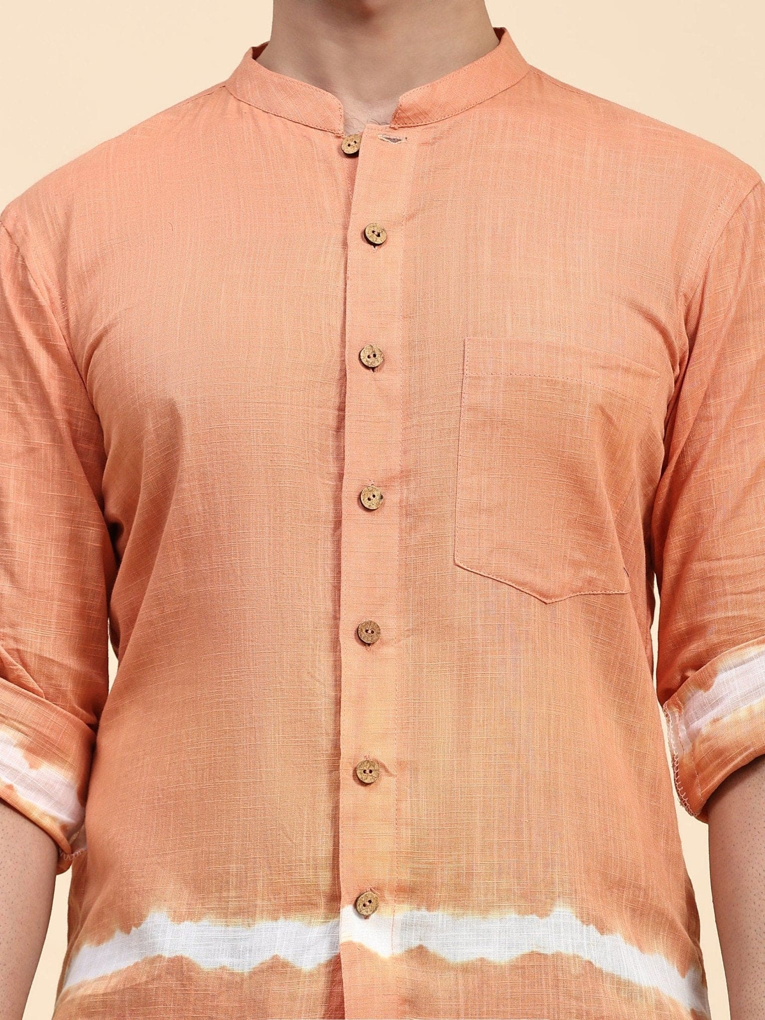 Hand Dyed Cotton Men Shirt - Orange - Charkha TalesHand Dyed Cotton Men Shirt - Orange